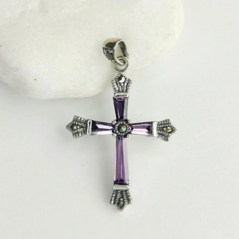 Amethyst Marcasite cross pendant necklace In Sterling Silver